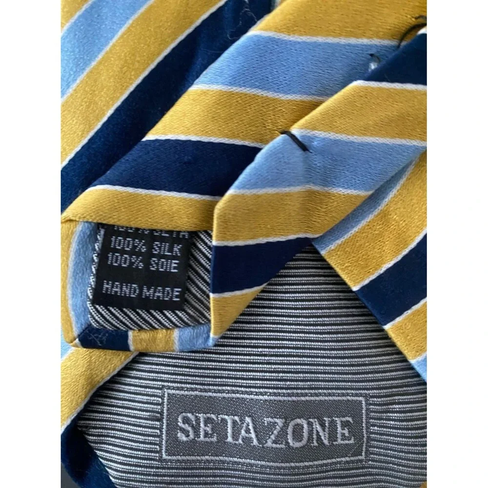 VTG Striped Yellow, Navy & Light Blue Men’s Silk Tie Preppy Bright Office Y2K